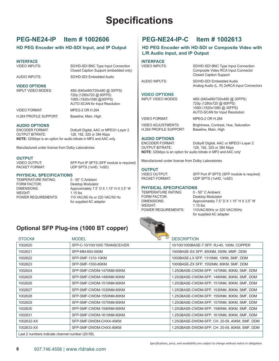 Specifications, Optional sfp plug-ins (1000 bt copper) | Drake PEG-NE24 Encoder User Manual | Page 6 / 24