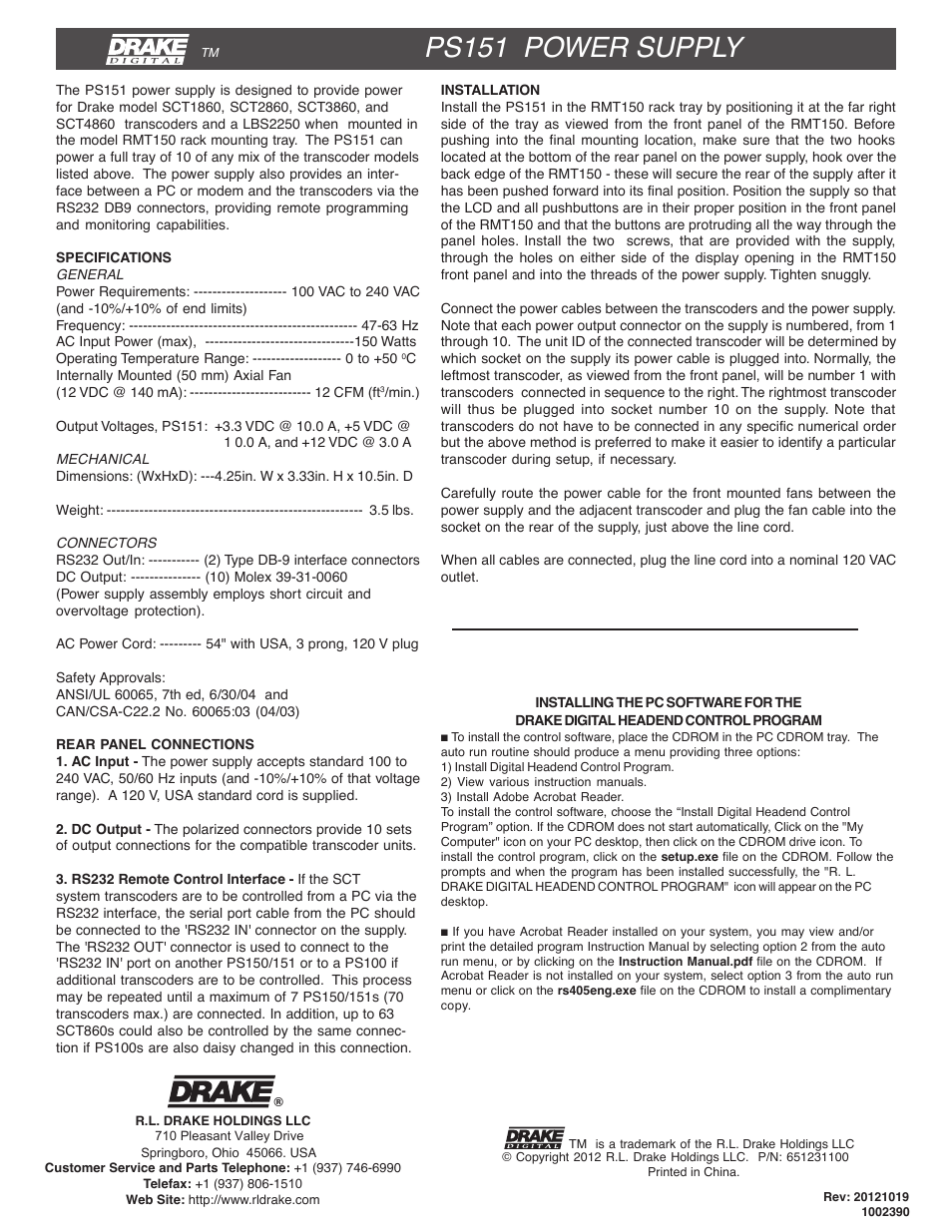 Drake PS151/RMT150 User Manual | 2 pages