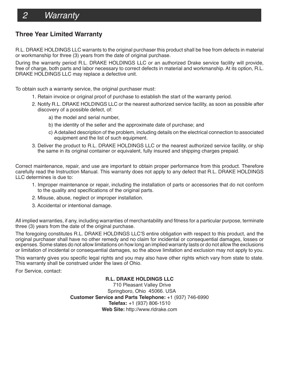 2 warranty, Three year limited warranty | Drake PS151/RMT150 User Manual | Page 2 / 2
