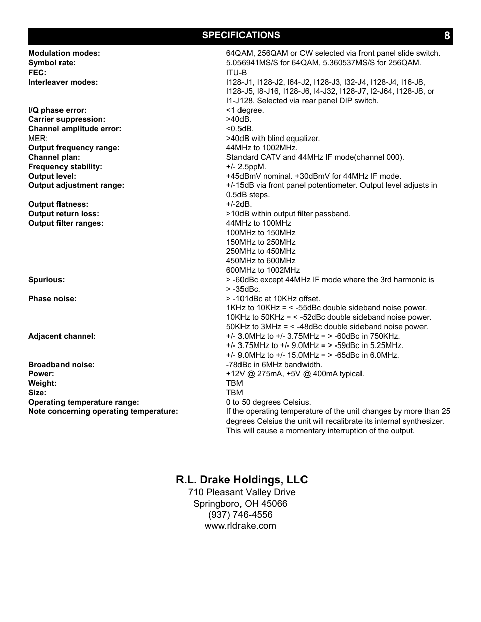 R.l. drake holdings, llc | Drake QM1000 Modular QAM Modulator User Manual | Page 8 / 8