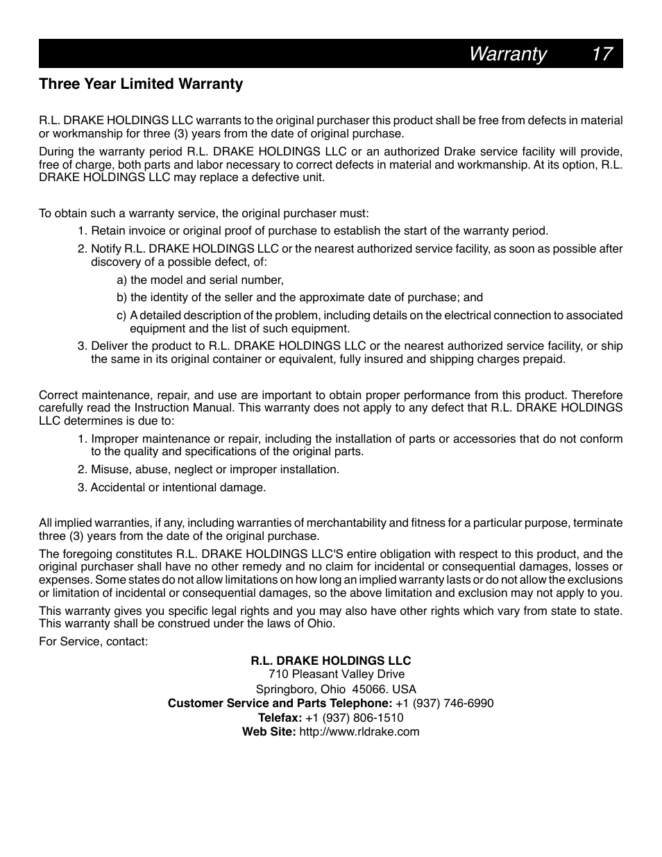 Warranty, Three year limited warranty | Drake SCT2x4 BBT Transcoder User Manual | Page 17 / 18