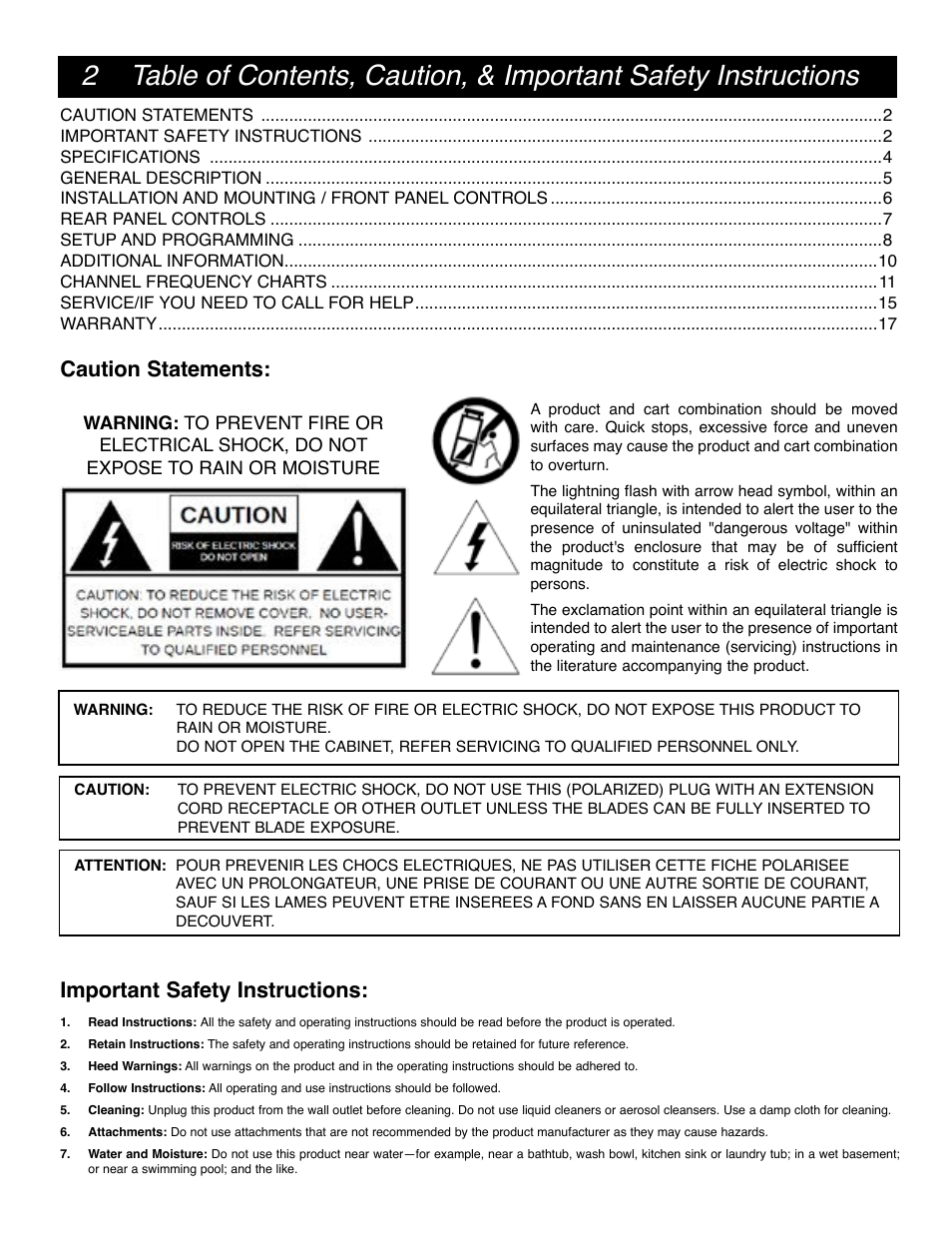 Caution statements: important safety instructions | Drake SCT2x4 BBT Transcoder User Manual | Page 2 / 18