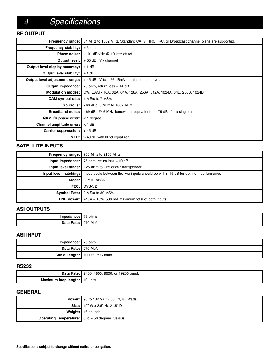 4specifications, Rf output, Satellite inputs | Asi outputs, Asi input, Rs232, General | Drake SCT2x4 BBT Transcoder User Manual | Page 4 / 18