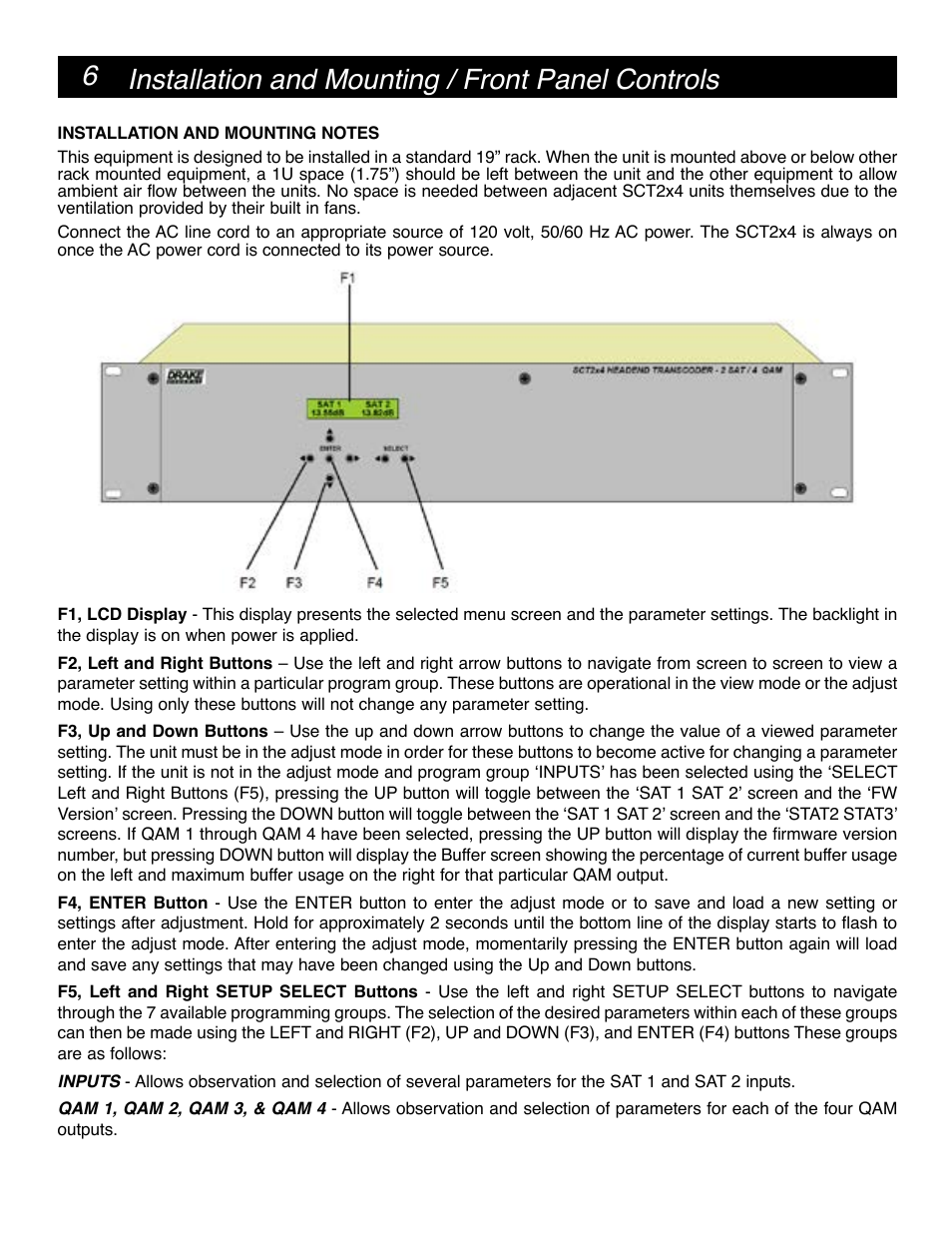 Installation and mounting / front panel controls | Drake SCT2x4 BBT Transcoder User Manual | Page 6 / 18
