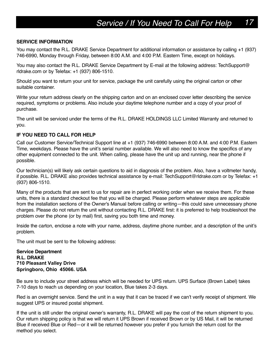 17 service / if you need to call for help | Drake SCT4860 8PSK Sat-1024QAM Cable Transcoder User Manual | Page 17 / 20