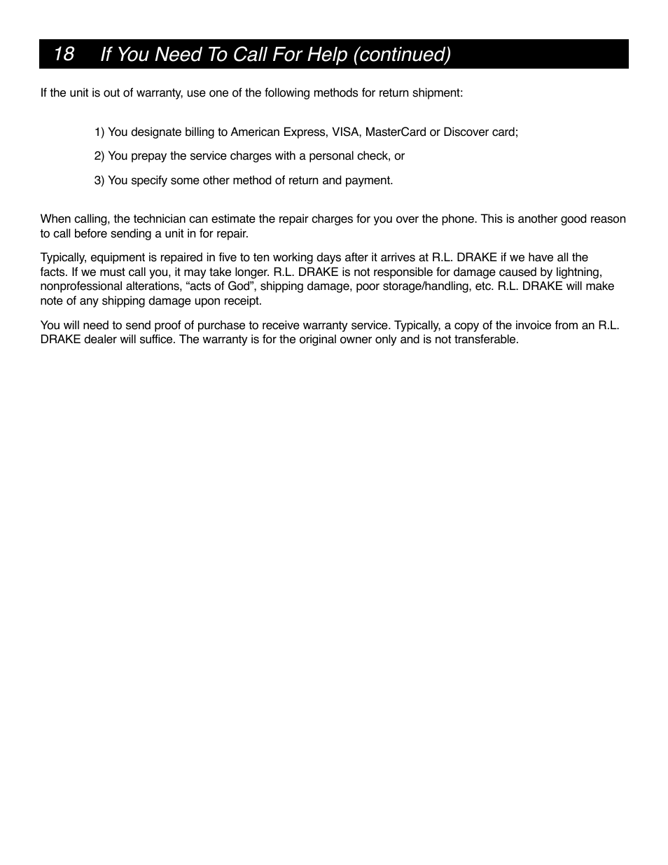 18 if you need to call for help (continued) | Drake SCT4860 8PSK Sat-1024QAM Cable Transcoder User Manual | Page 18 / 20