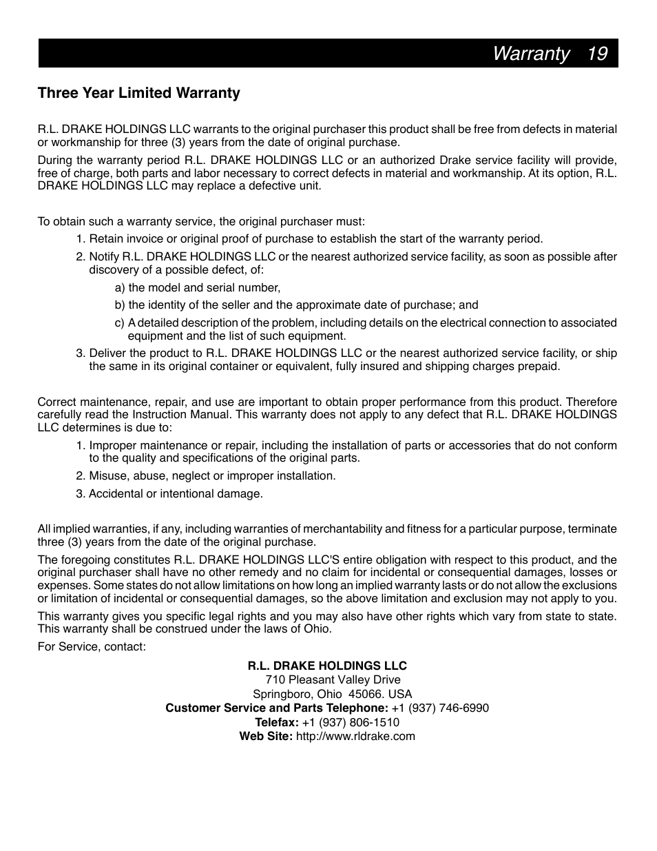 19 warranty, Three year limited warranty | Drake SCT4860 8PSK Sat-1024QAM Cable Transcoder User Manual | Page 19 / 20