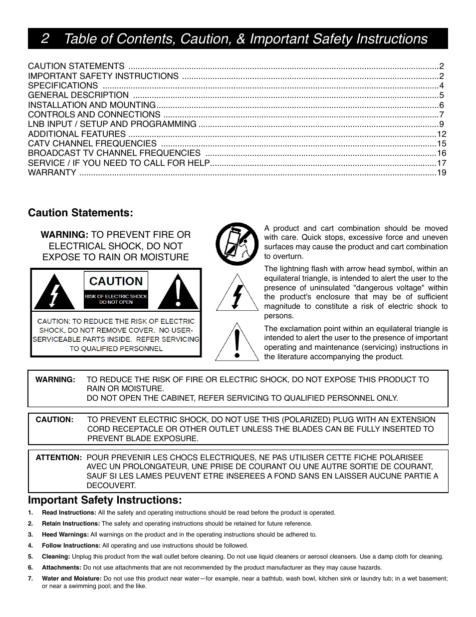 Caution statements: important safety instructions | Drake SCT4860 8PSK Sat-1024QAM Cable Transcoder User Manual | Page 2 / 20