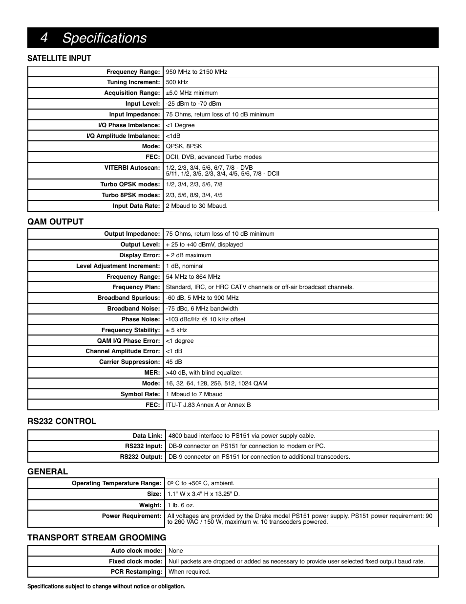 Specifications, Rs232 control, Satellite input qam output general | Transport stream grooming | Drake SCT4860 8PSK Sat-1024QAM Cable Transcoder User Manual | Page 4 / 20