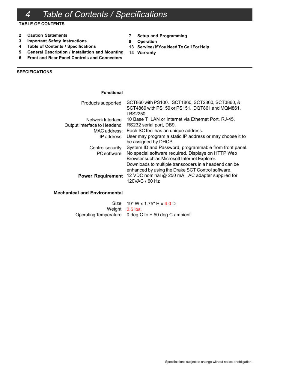 4 table of contents / specifications | Drake SCTeci Ethernet Controller Interface User Manual | Page 4 / 15