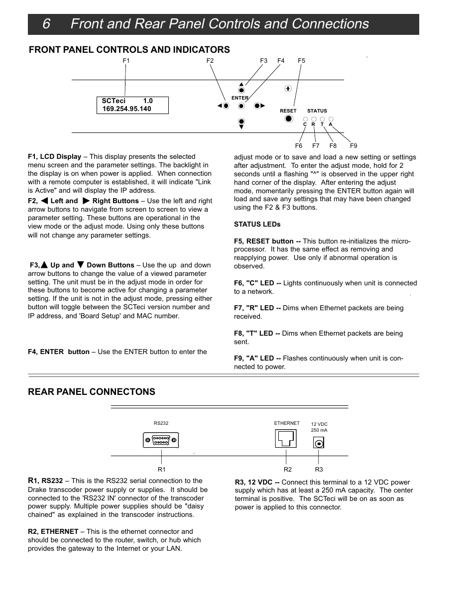 6 front and rear panel controls and connections | Drake SCTeci Ethernet Controller Interface User Manual | Page 6 / 15