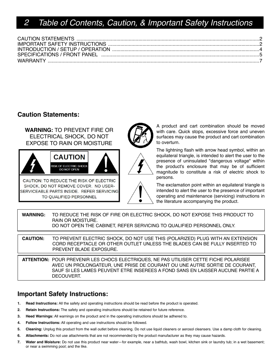 Caution statements: important safety instructions | Drake SDI24A High Definition SDI Encoder W/CC User Manual | Page 2 / 8