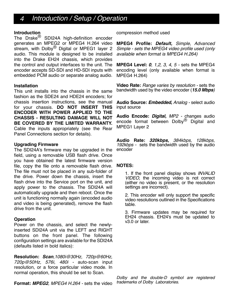 4 introduction / setup / operation | Drake SDI24A High Definition SDI Encoder W/CC User Manual | Page 4 / 8