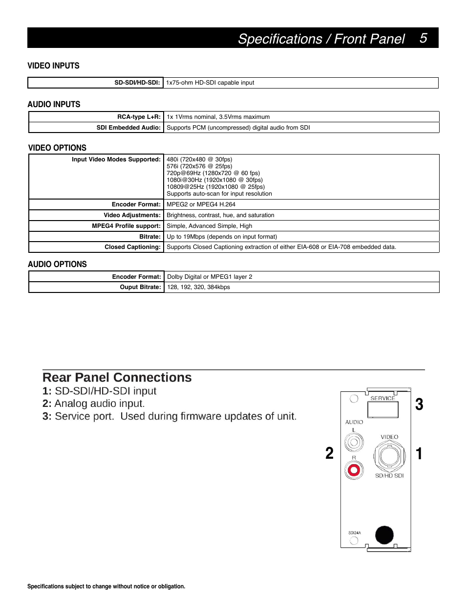 5specifications / front panel | Drake SDI24A High Definition SDI Encoder W/CC User Manual | Page 5 / 8