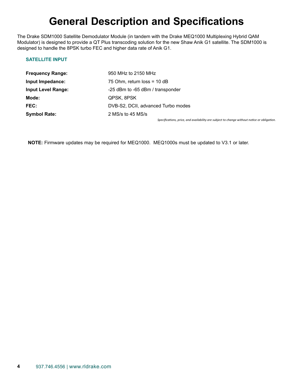 General description and specifications | Drake SDM1000 Satellite Demodulator Card User Manual | Page 4 / 8