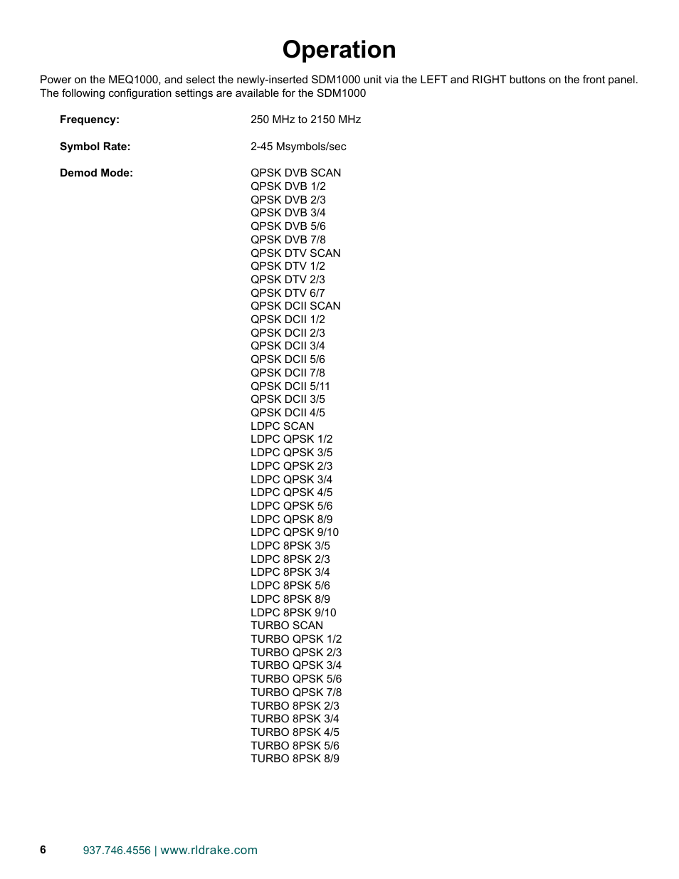 Operation | Drake SDM1000 Satellite Demodulator Card User Manual | Page 6 / 8