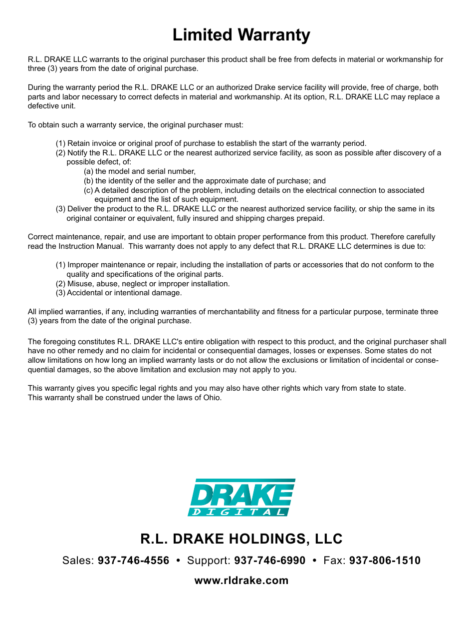 Limited warranty, R.l. drake holdings, llc, R. l. drake holdings llc | Drake SDM1000 Satellite Demodulator Card User Manual | Page 8 / 8