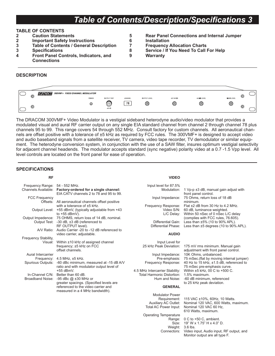 Table of contents/description/speciﬁ cations 3 | Drake 300VMF+ Fixed Modulator User Manual | Page 3 / 12