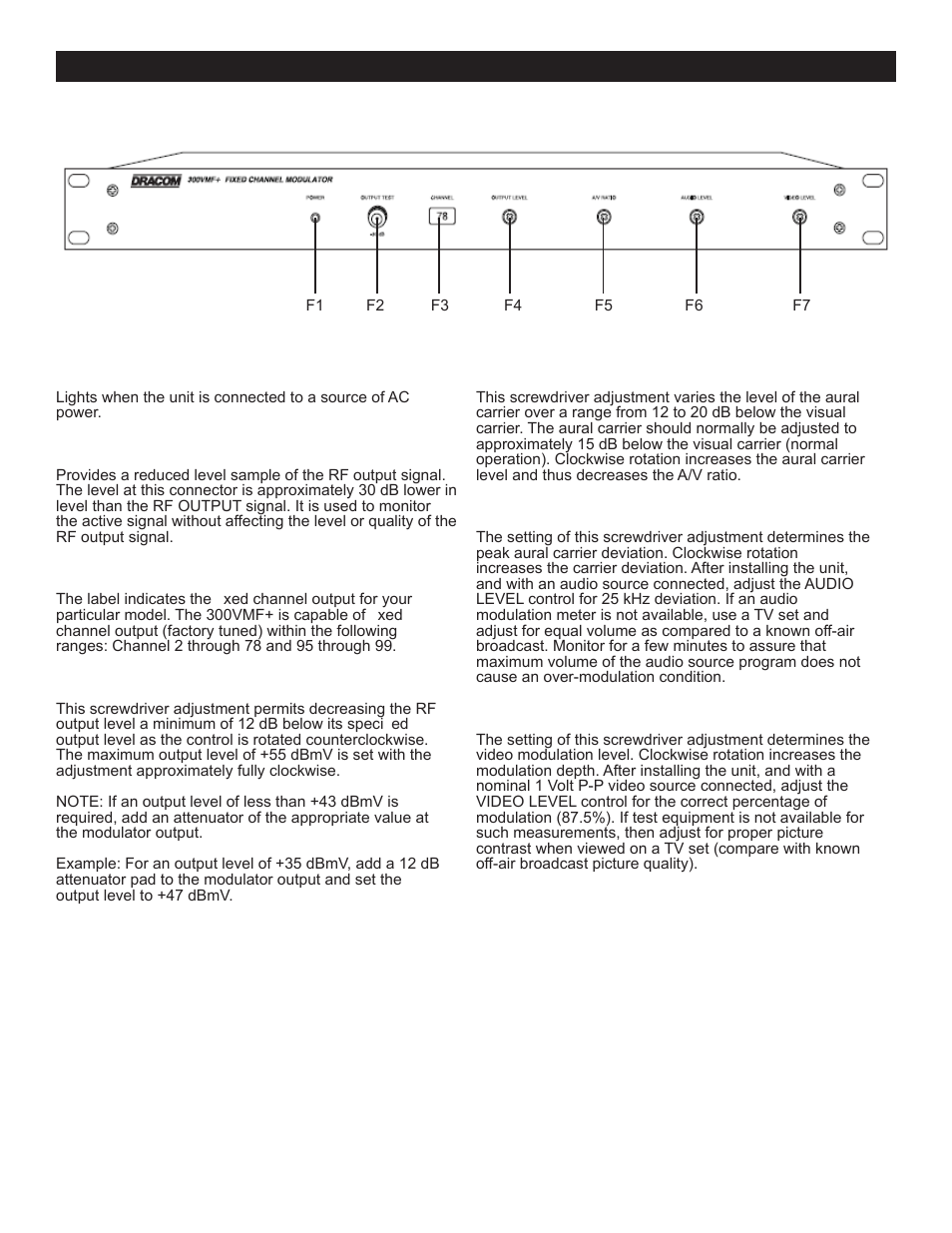 4 front panel description | Drake 300VMF+ Fixed Modulator User Manual | Page 4 / 12