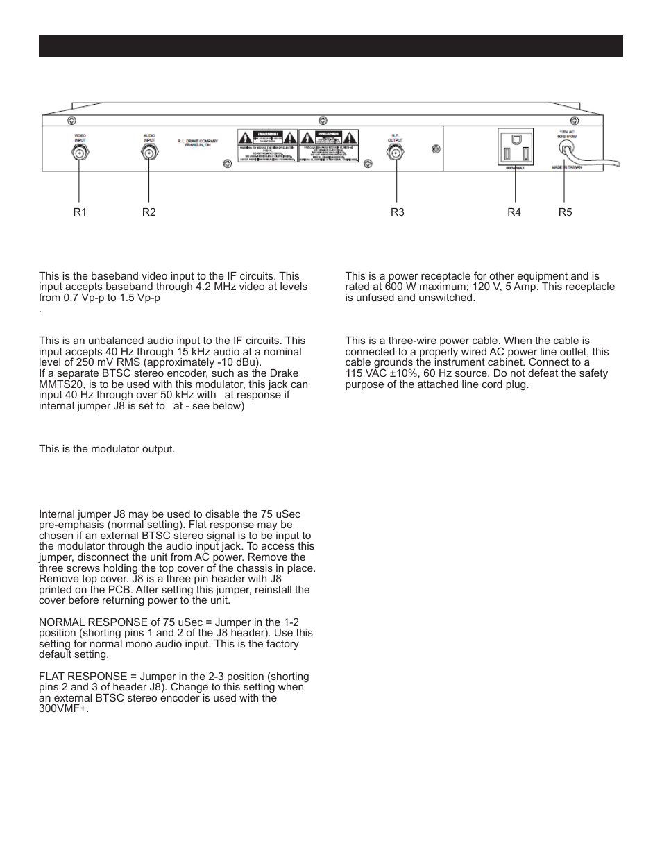 Rear panel description and internal jumper 5 | Drake 300VMF+ Fixed Modulator User Manual | Page 5 / 12