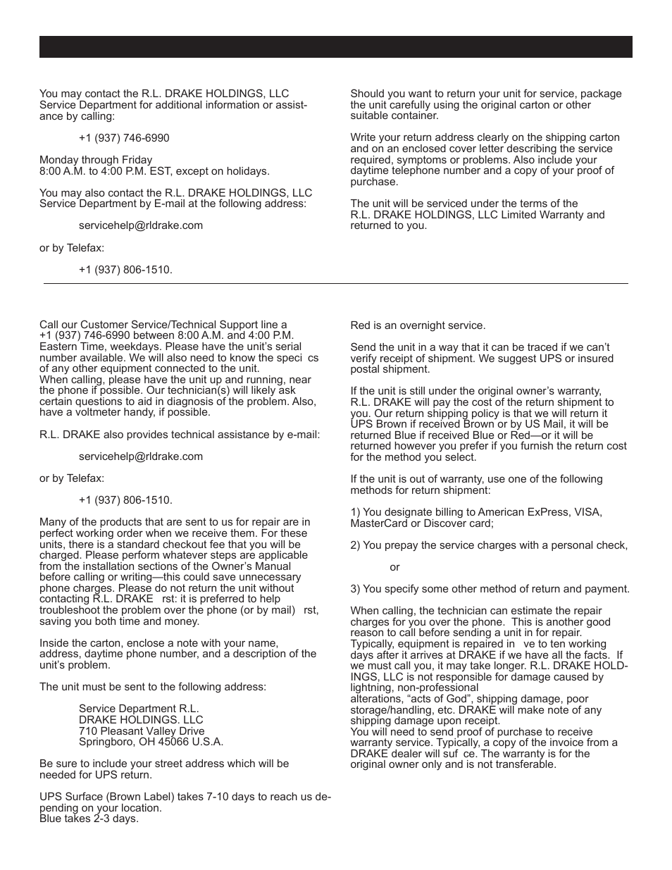 8 service / if you need to call for help | Drake 300VMF+ Fixed Modulator User Manual | Page 8 / 12