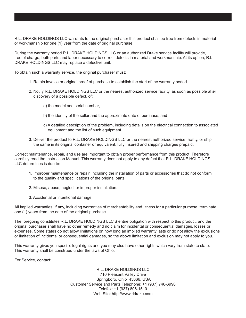 Warranty 9 | Drake 300VMF+ Fixed Modulator User Manual | Page 9 / 12