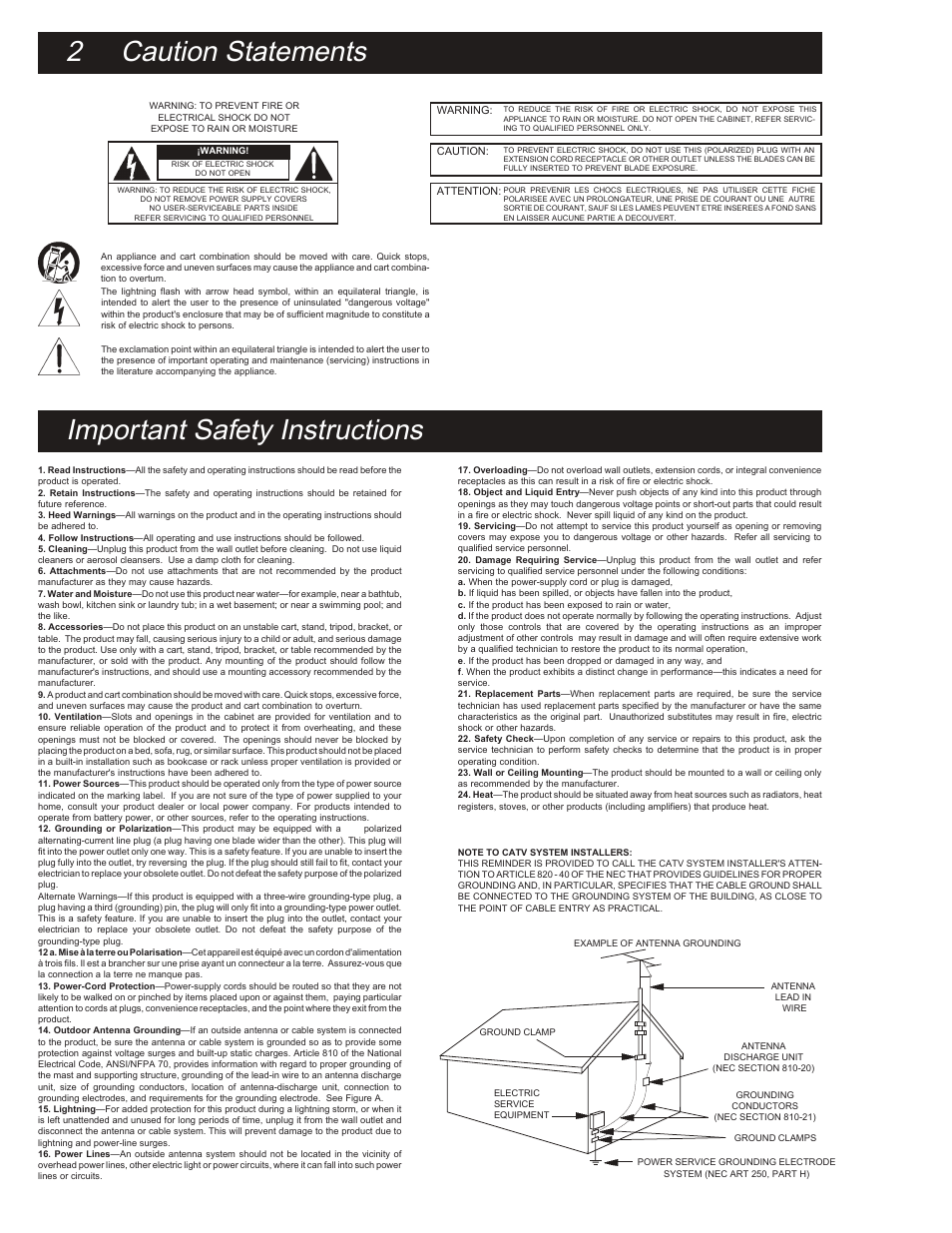 2 caution statements, Important safety instructions | Drake 806DM Video Demodulator User Manual | Page 2 / 8