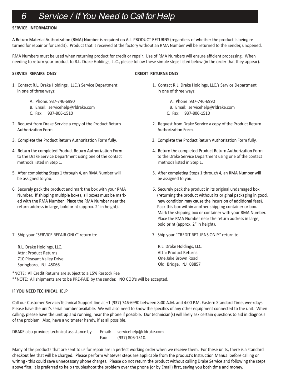 6 service / if you need to call for help | Drake 806DM Video Demodulator User Manual | Page 6 / 8
