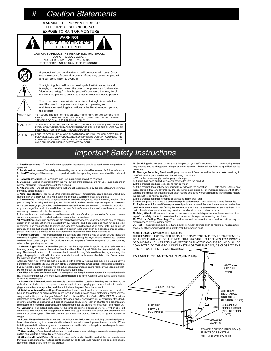 Ii caution statements, Important safety instructions | Drake AC1686 Active Combiner 860 MHz User Manual | Page 2 / 8