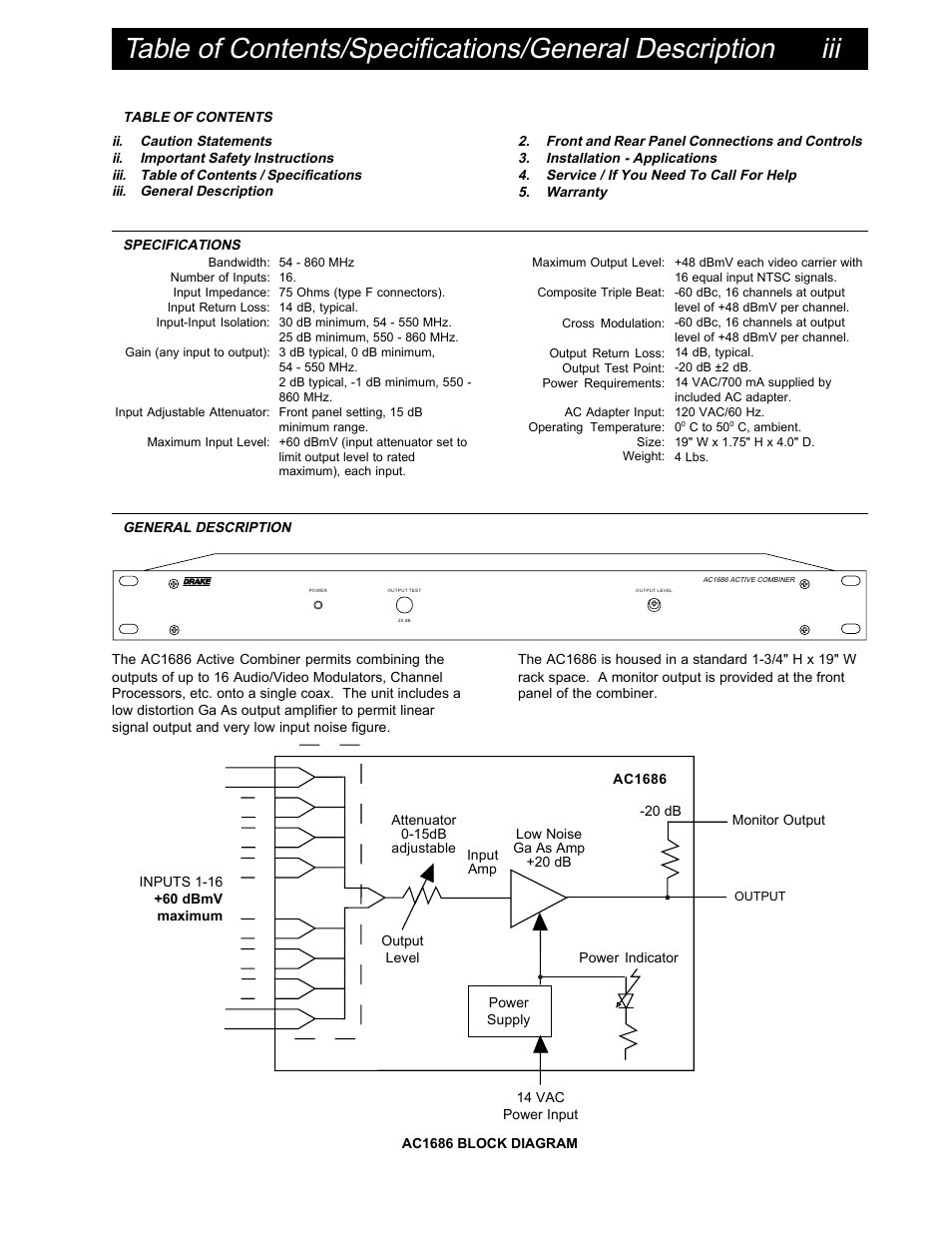 Drake AC1686 Active Combiner 860 MHz User Manual | Page 3 / 8