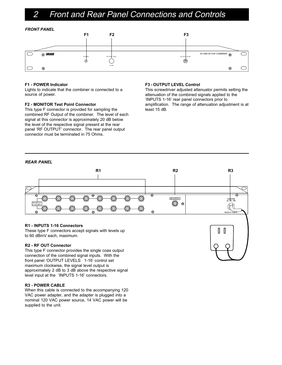 2 front and rear panel connections and controls | Drake AC1686 Active Combiner 860 MHz User Manual | Page 4 / 8
