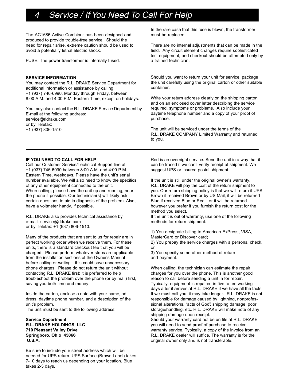 4 service / if you need to call for help | Drake AC1686 Active Combiner 860 MHz User Manual | Page 6 / 8