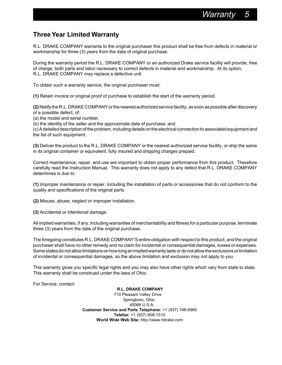 Warranty 5, Three year limited warranty | Drake AC1686 Active Combiner 860 MHz User Manual | Page 7 / 8