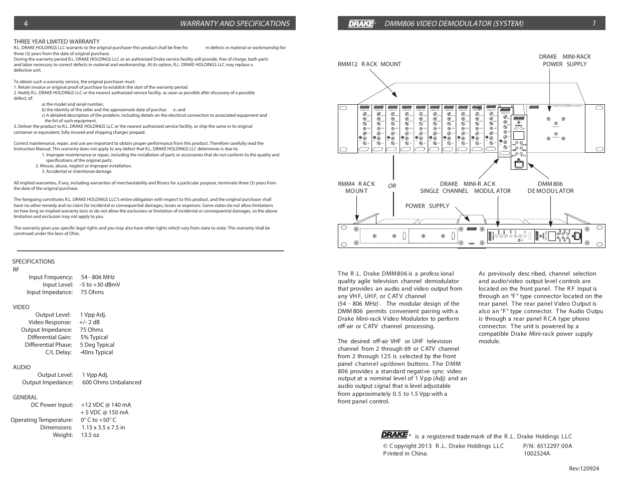 Drake DMM806 Television Demodulator User Manual | 2 pages