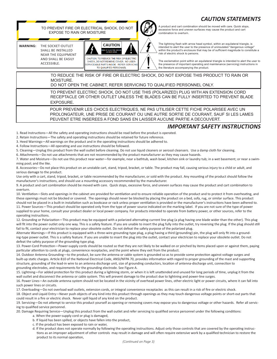 Caution statements important safety instructions | Drake DTA-RPS12-DTA Rack W/Supply User Manual | Page 2 / 4