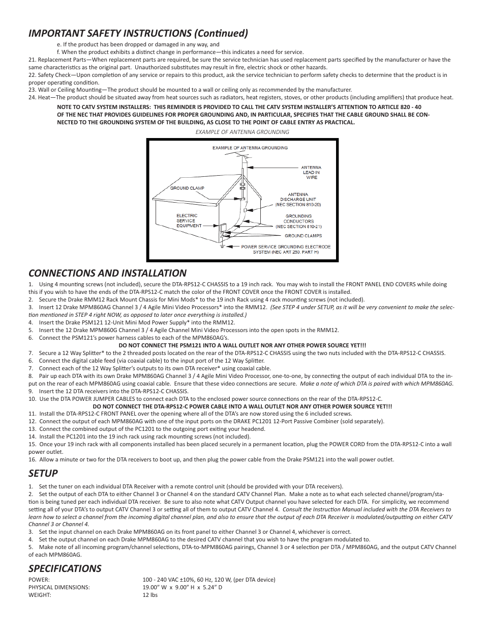 Important safety instructions (conɵ nued), Connections and installation, Setup | Specifications | Drake DTA-RPS12-DTA Rack W/Supply User Manual | Page 3 / 4