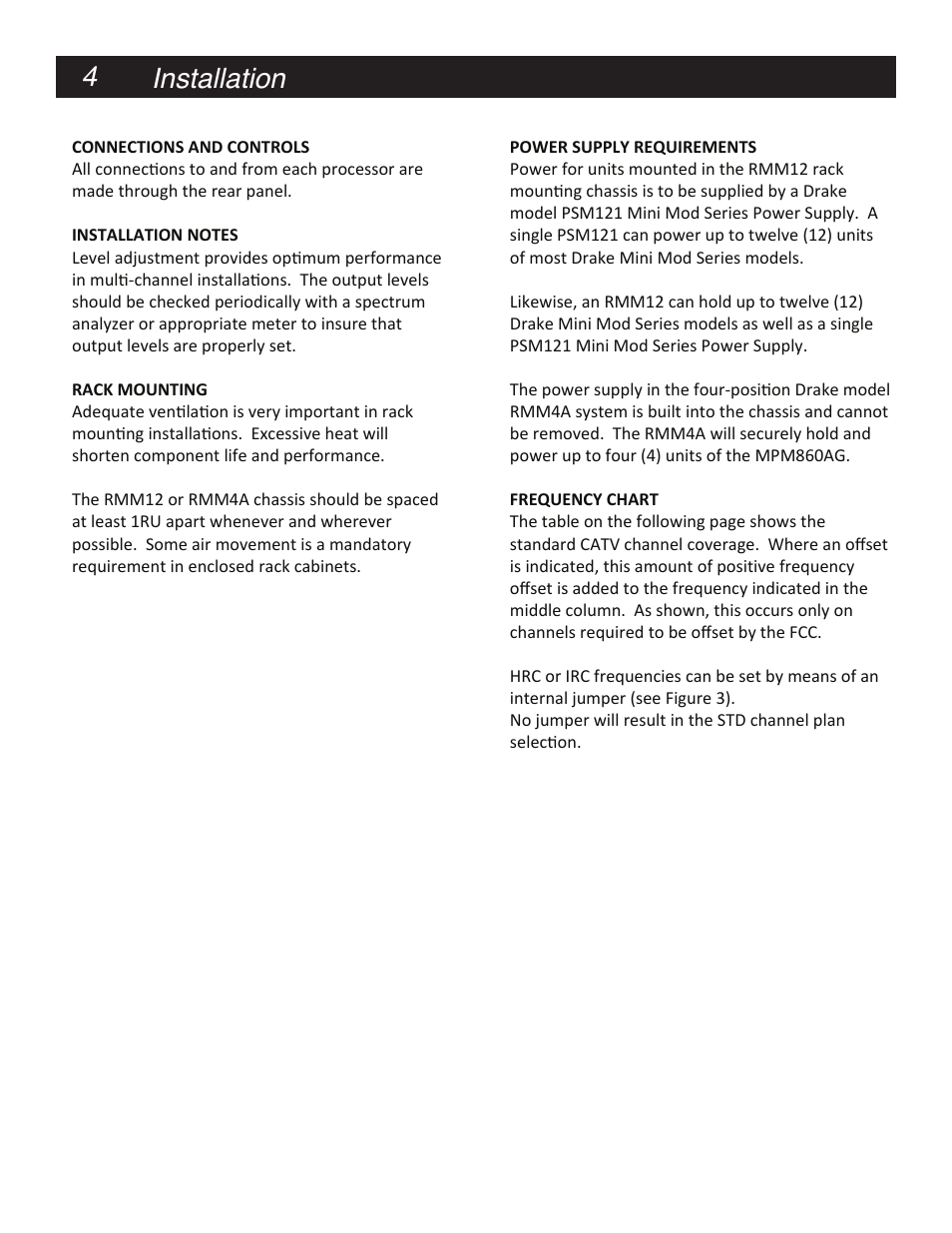 Catv, Catv +100, Installation | Table 1, Catv channel output frequencies 5 4 installation | Drake MPM860AG Agile Processor Module User Manual | Page 4 / 8