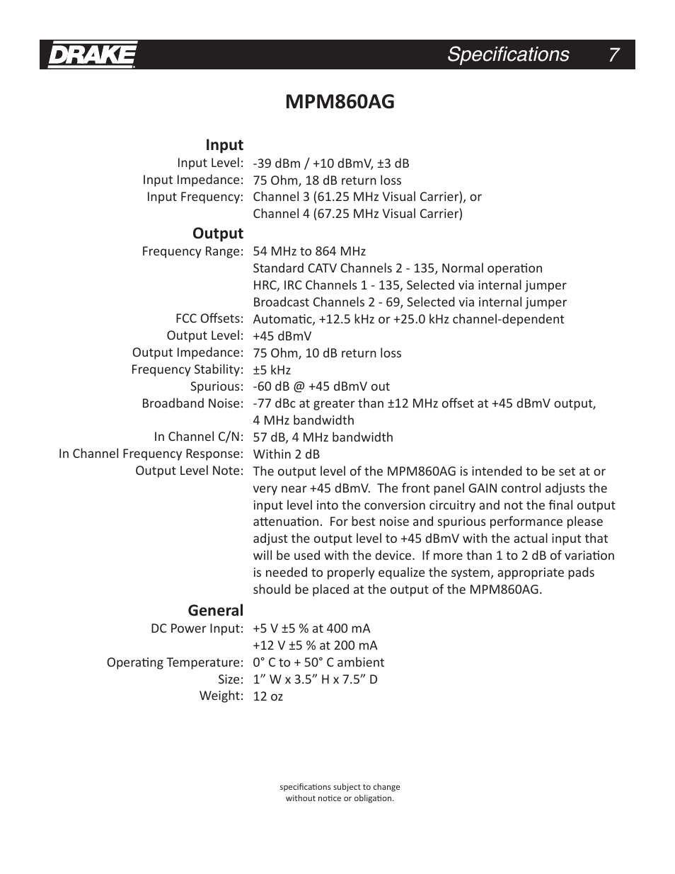 Bctv, Mpm860ag, 7specifications | Input, Output, General, Table 2, 6 broadcast tv channel output frequencies, Specifications 7 | Drake MPM860AG Agile Processor Module User Manual | Page 7 / 8