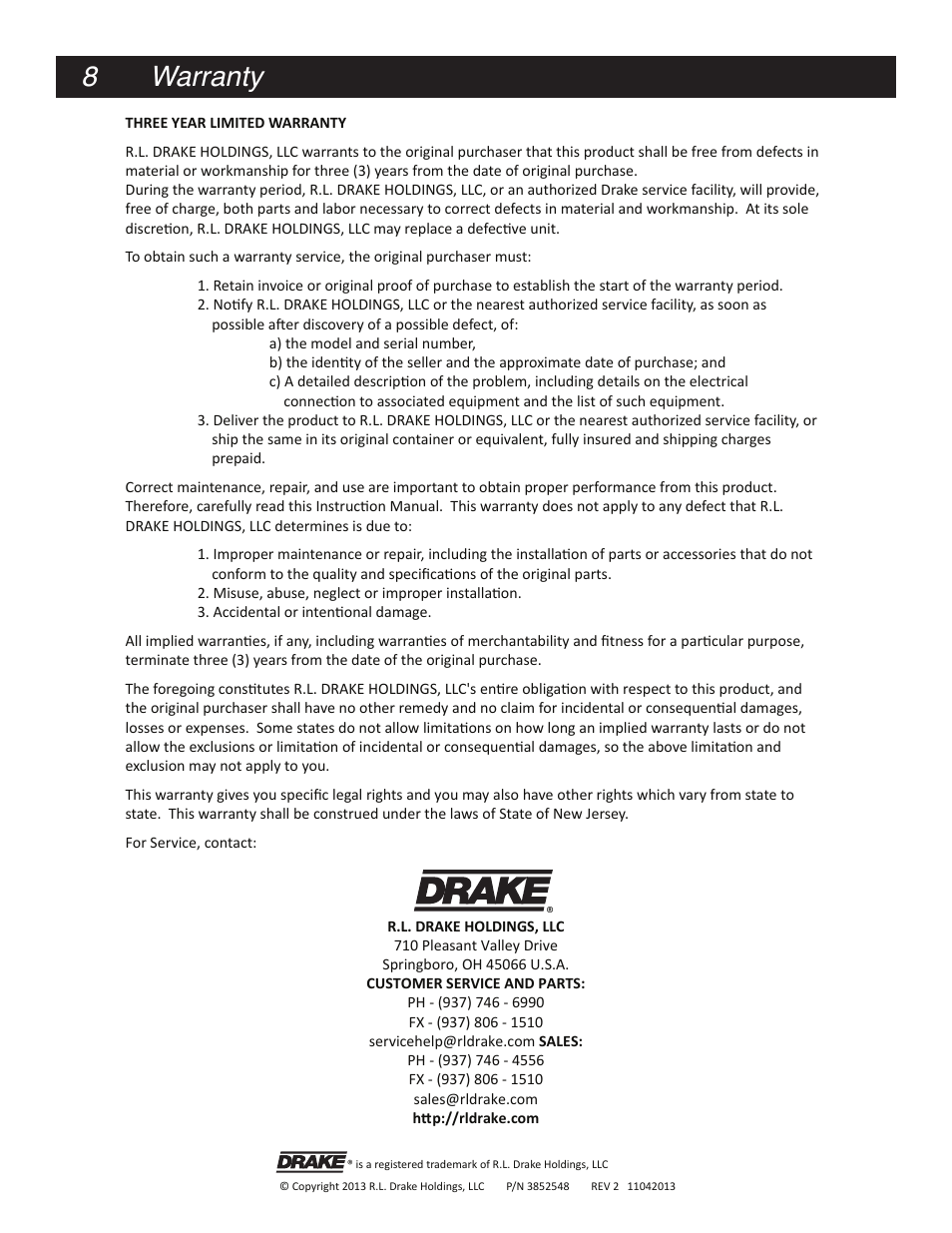 Warranty, 8 warranty | Drake MPM860AG Agile Processor Module User Manual | Page 8 / 8