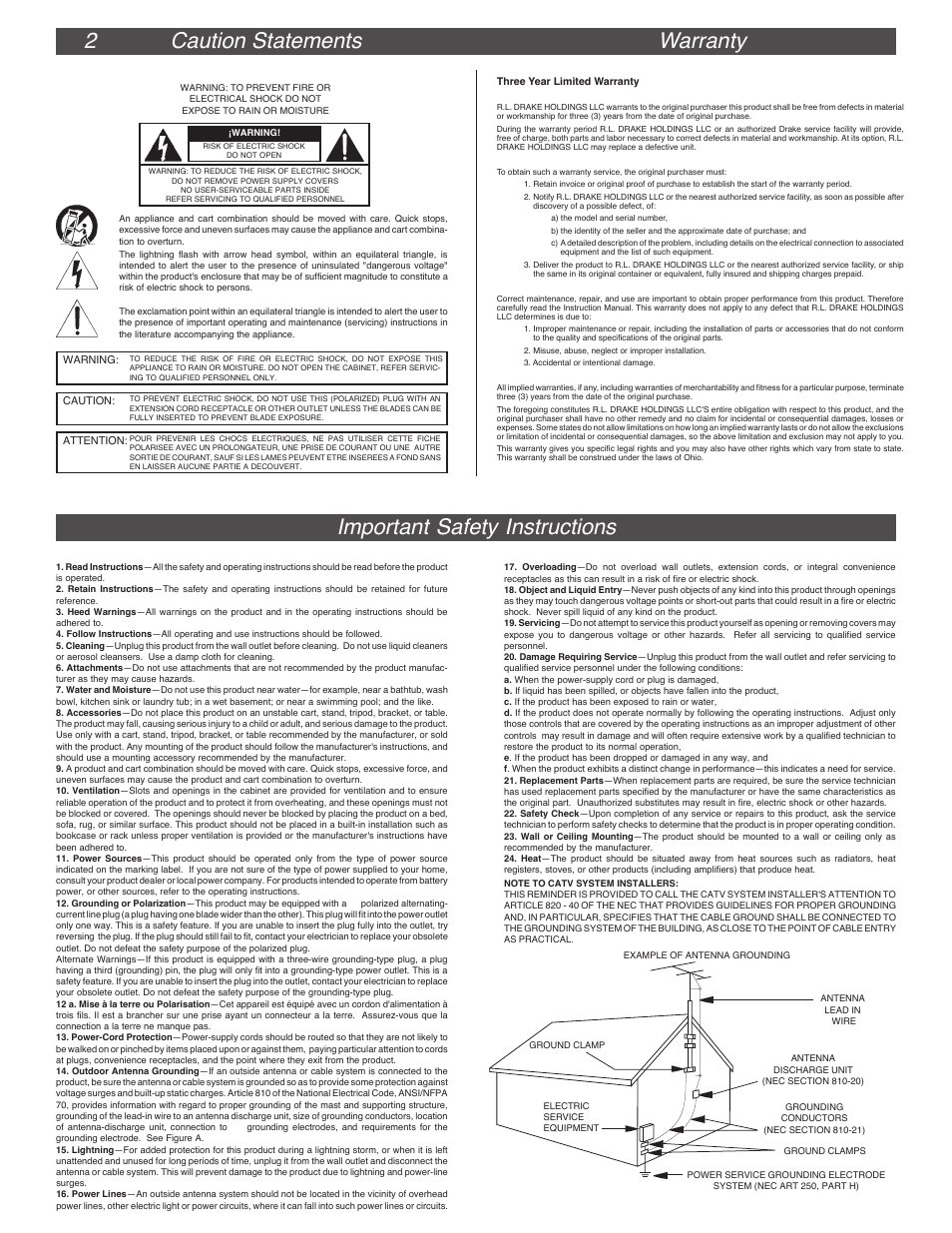 2 caution statements warranty, Important safety instructions | Drake PSM121 User Manual | Page 2 / 2