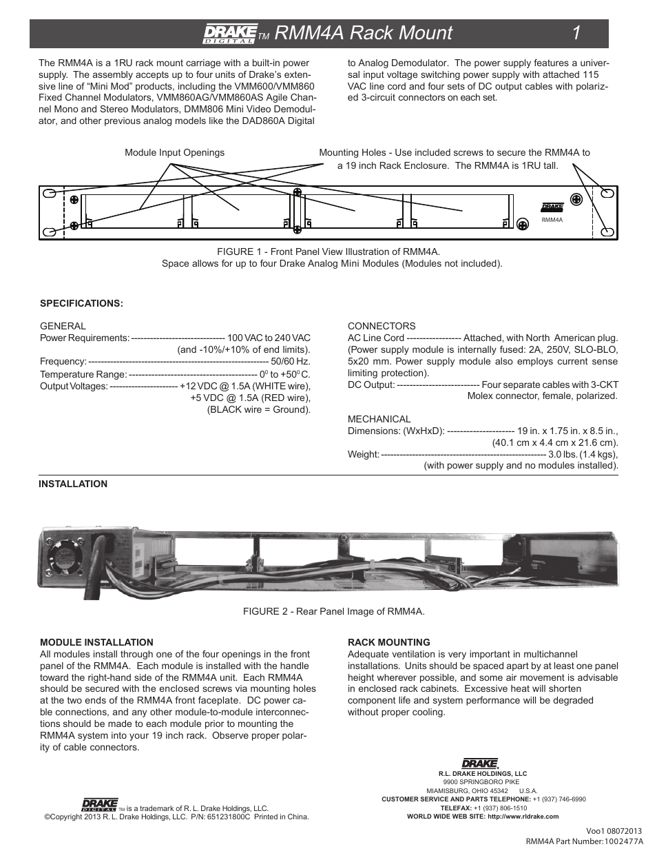 Drake RMM4A Rack Enclosure w/Power Supply User Manual | 2 pages