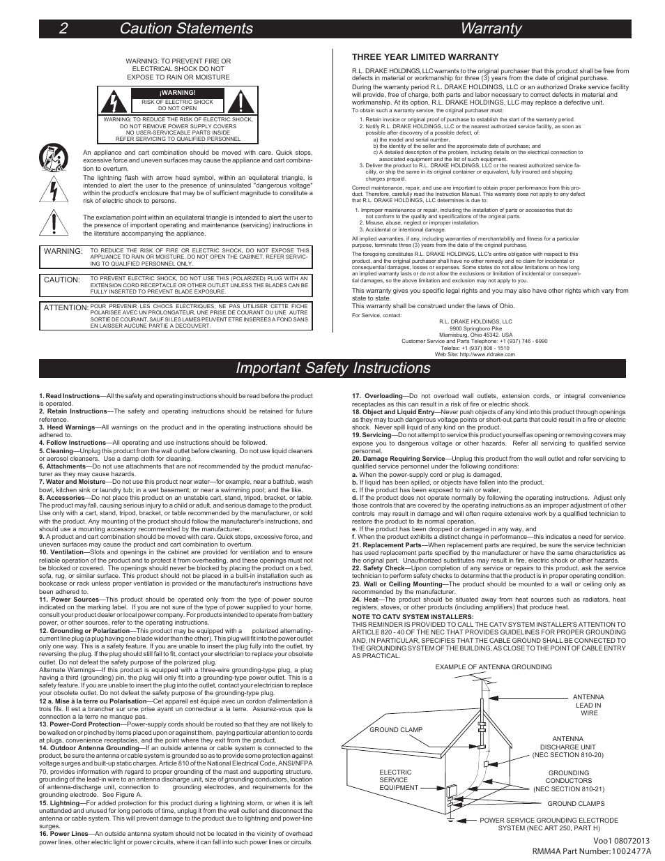 2 caution statements warranty, Important safety instructions | Drake RMM4A Rack Enclosure w/Power Supply User Manual | Page 2 / 2