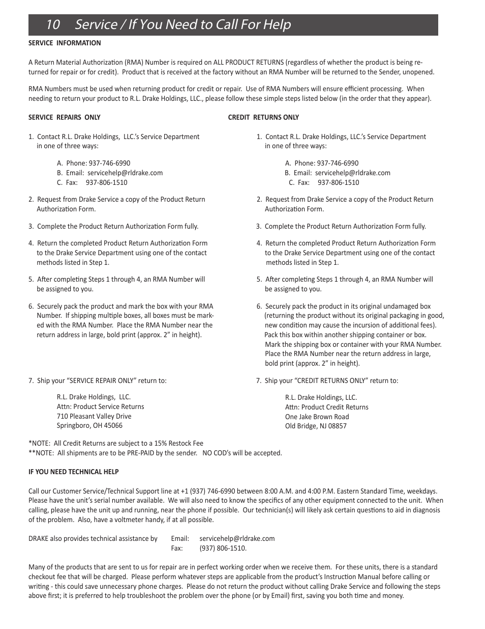10 service / if you need to call for help | Drake VM2551A Agile Modulator – 550 MHz User Manual | Page 10 / 12