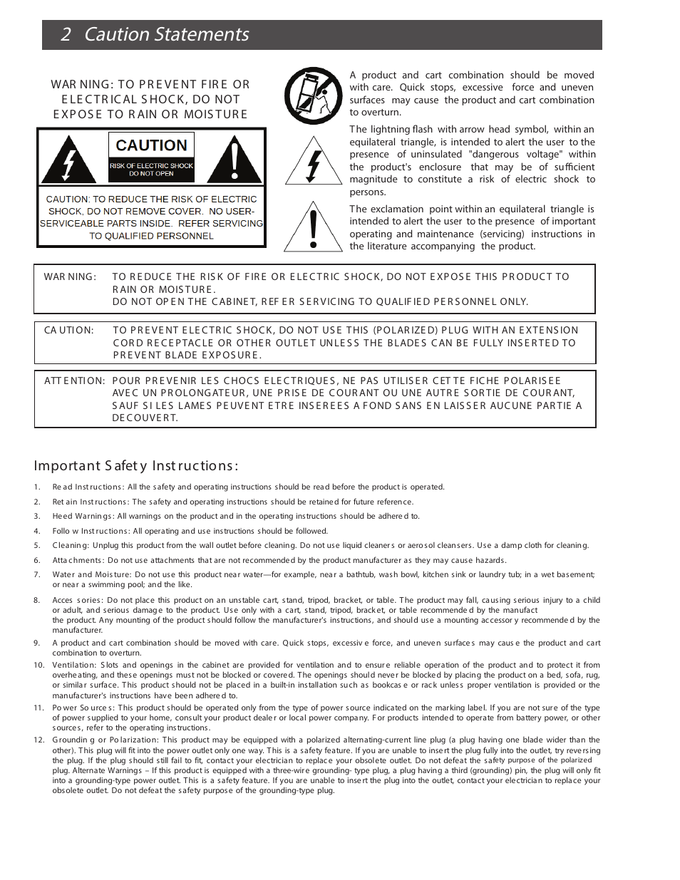 2caution statements, Important s afet y inst ructions | Drake VM2551A Agile Modulator – 550 MHz User Manual | Page 2 / 12
