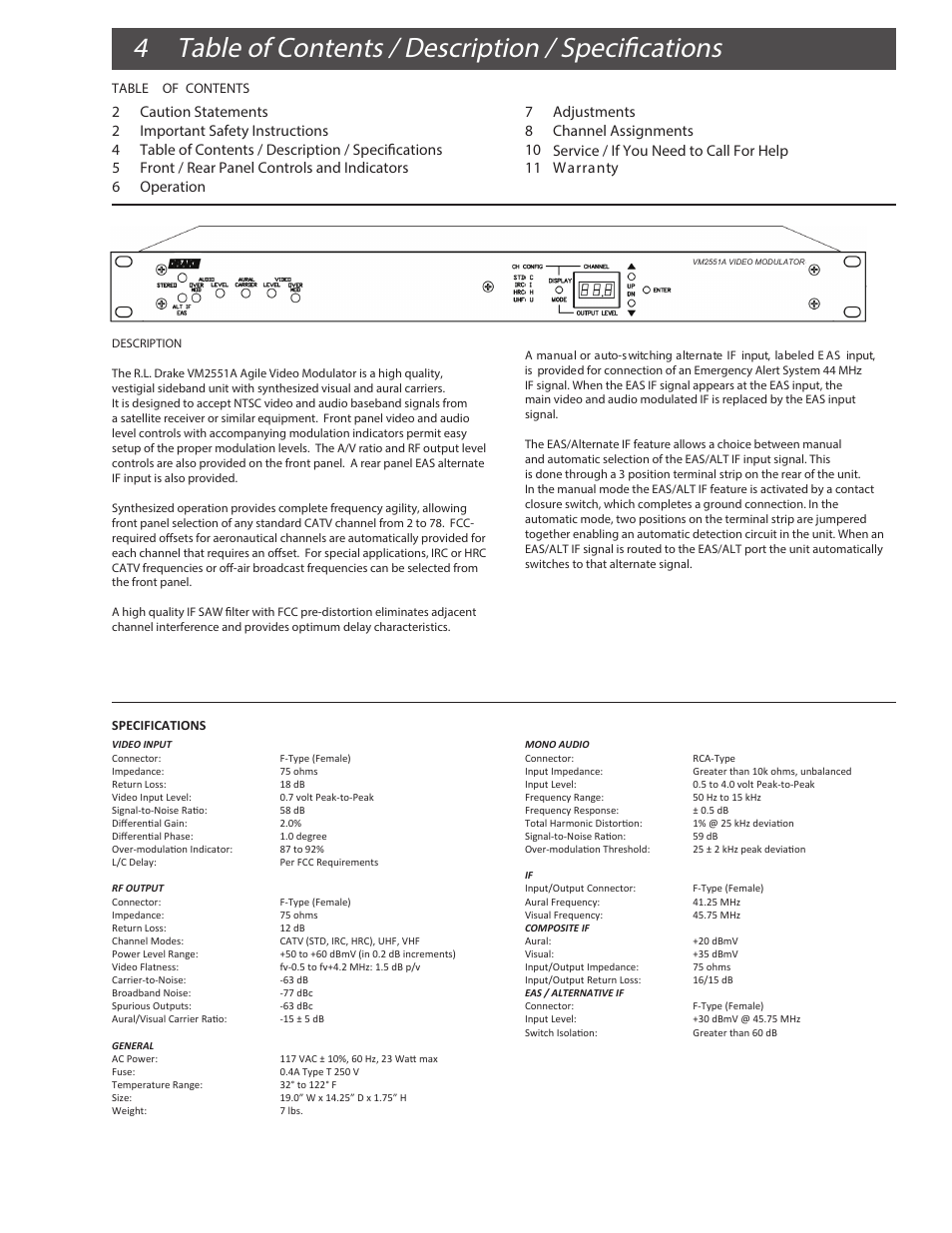 4 table of contents / description / specifications | Drake VM2551A Agile Modulator – 550 MHz User Manual | Page 4 / 12