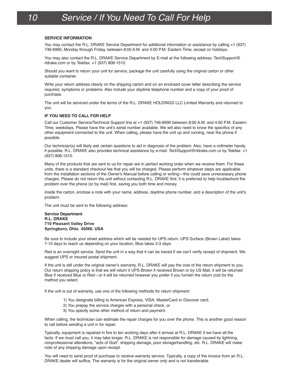 Service / if you need to call for help 10 | Drake VM2860A Agile Modulator – 860 MHz User Manual | Page 10 / 12
