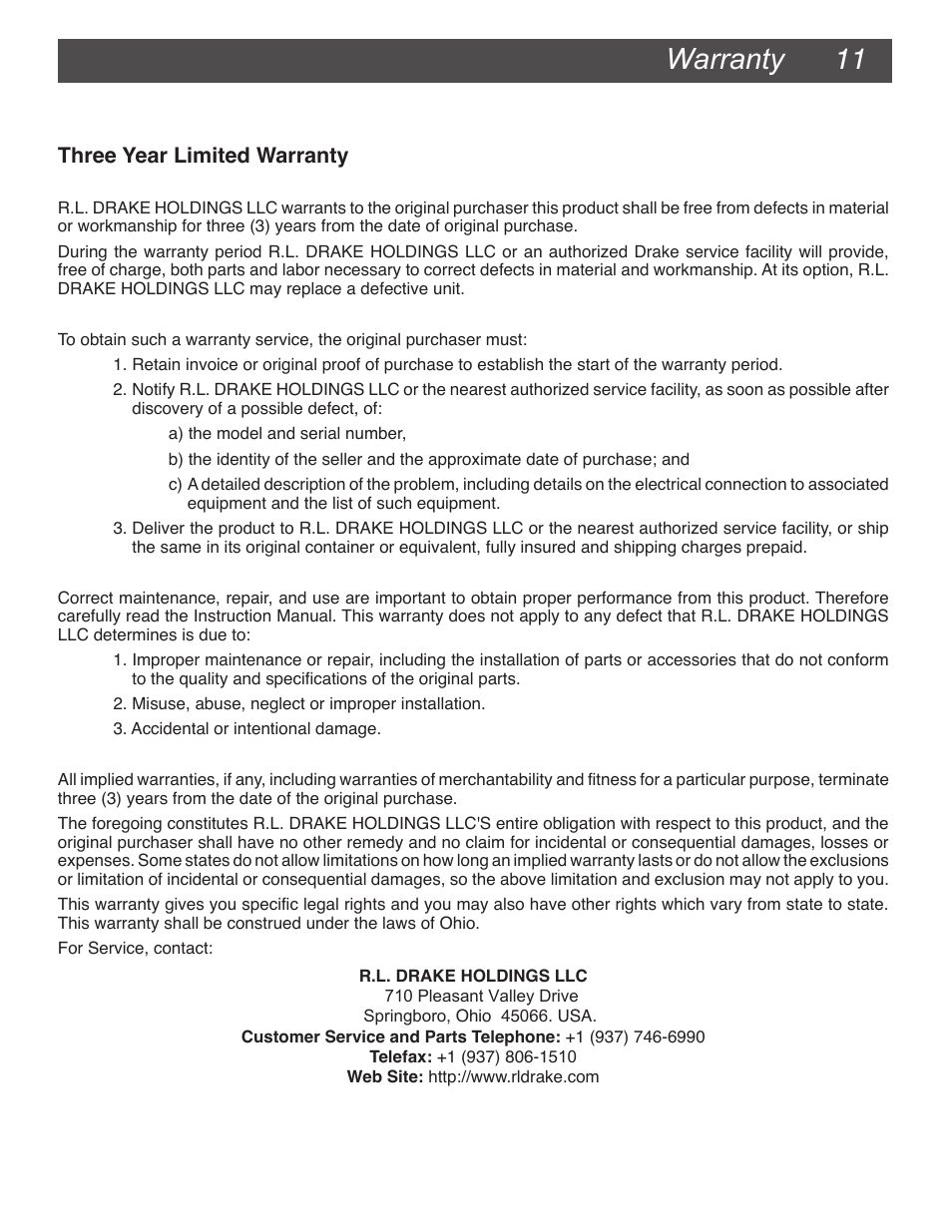 Warranty, Warranty 11, Three year limited warranty | Drake VM2860A Agile Modulator – 860 MHz User Manual | Page 11 / 12