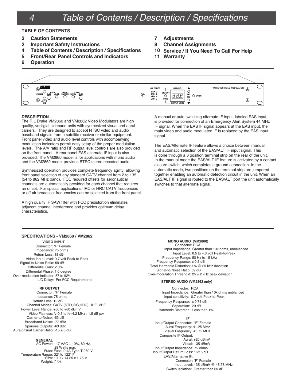 4 table of contents / description / specifications | Drake VM2860A Agile Modulator – 860 MHz User Manual | Page 4 / 12