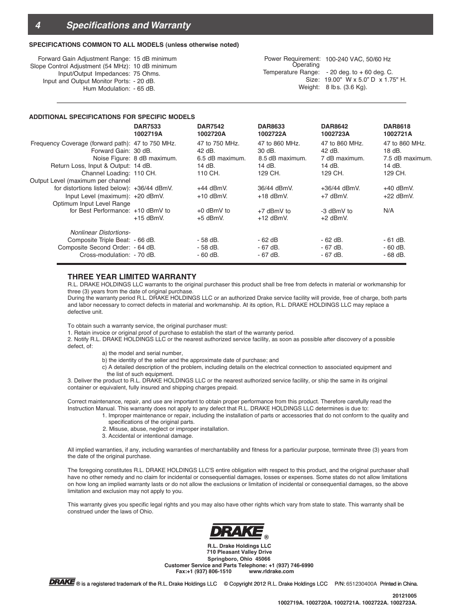 4 specifications and warranty | Drake DAR Series Distribution Amplifiers User Manual | Page 4 / 4