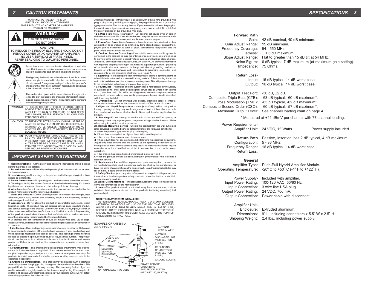 Specifications 3, Caution statements, Important safety instructions | Drake DDA5542R Distribution Amplifier User Manual | Page 2 / 2